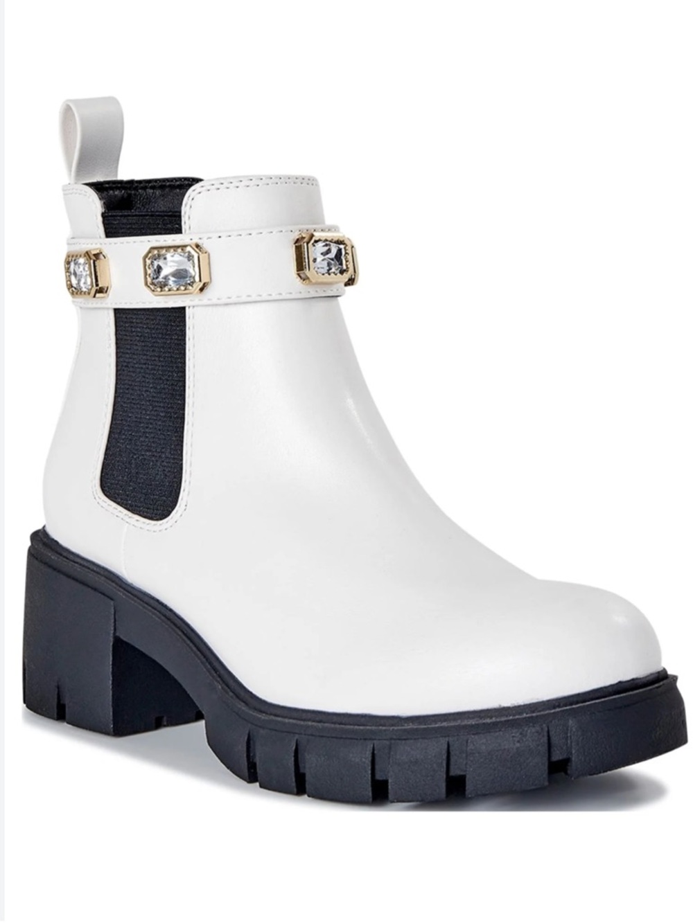 STEVE MADDEN NYC Size 11 White Faux Leather With Jewel Detail Heel Lug Boots